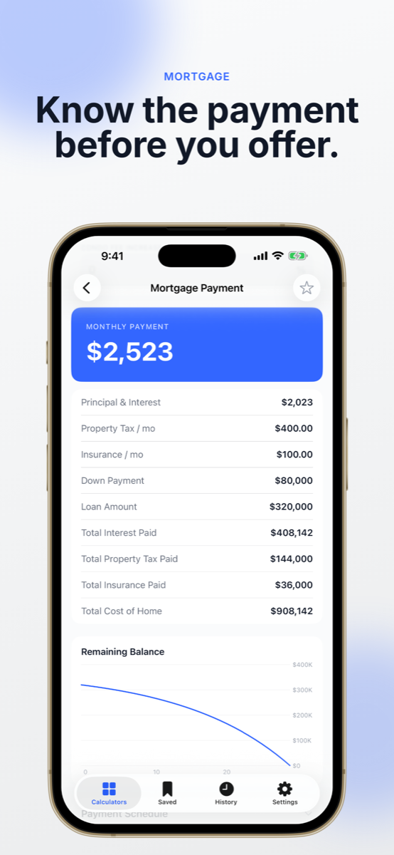 Mortgage payment calculator with cost breakdown and balance chart
