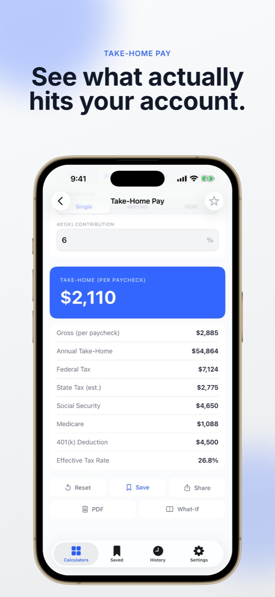 Take-home pay calculator showing tax breakdown per paycheque