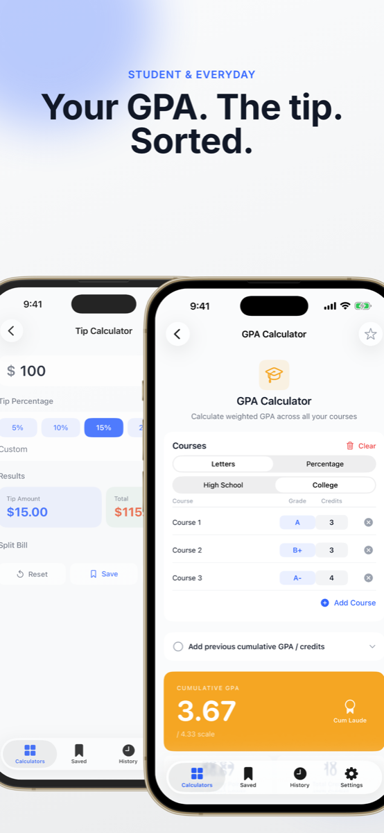 Tip calculator and GPA calculator screens