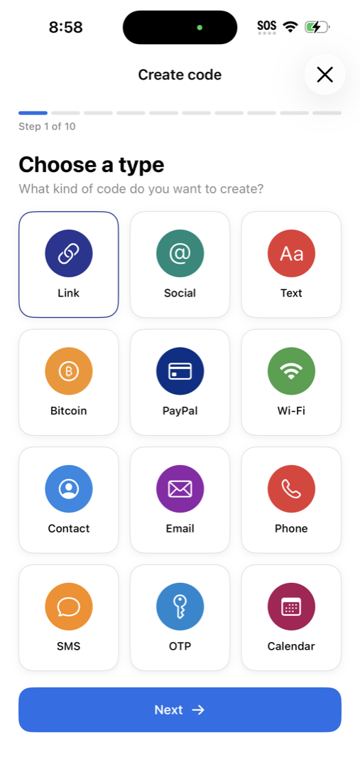 CodifyQR create wizard showing the code type picker