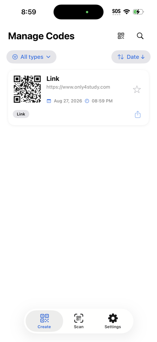 Manage Codes library showing a saved link QR code