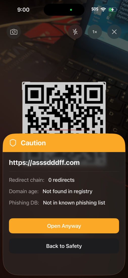 CodifyQR rating a scanned link as Caution, with redirect count, domain age and phishing status