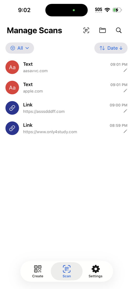 Manage Scans history list with type filters and sorting