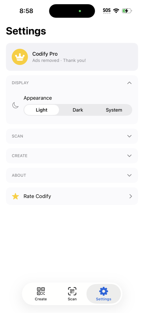 Settings screen with Pro status and light, dark and system appearance