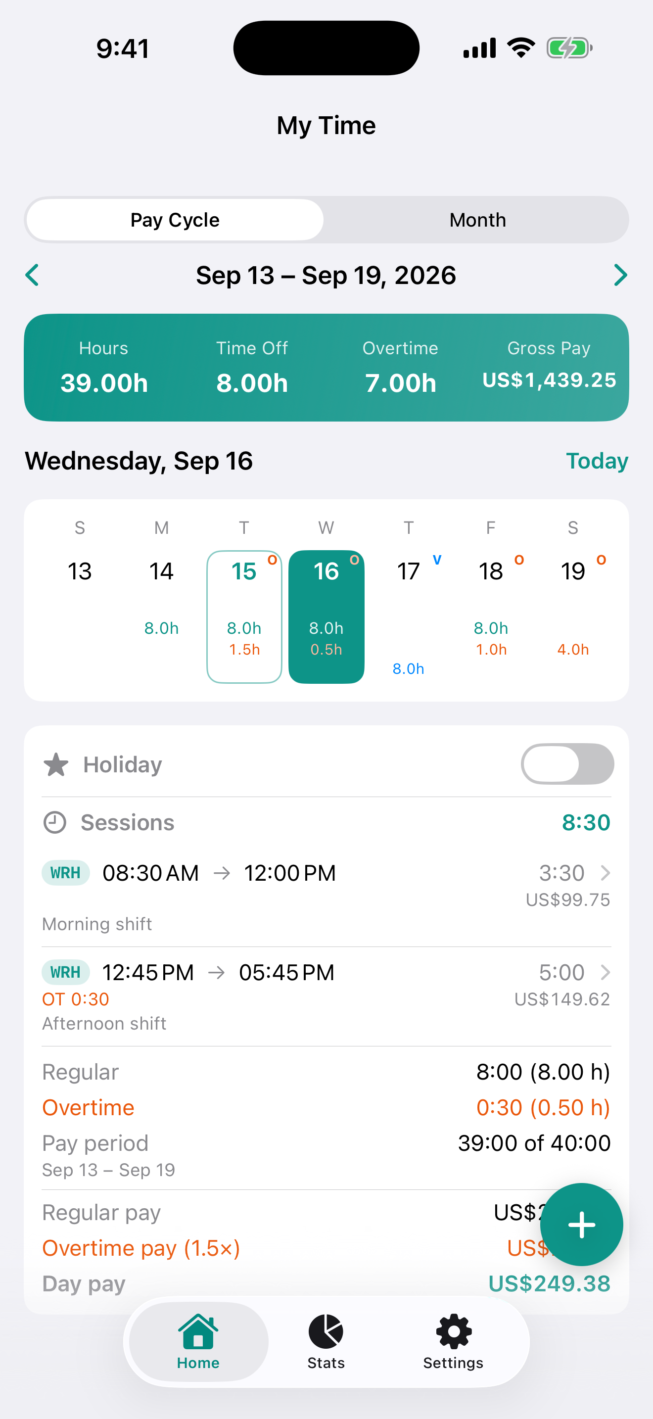 TimeCard home screen with the pay cycle calendar and gross pay banner