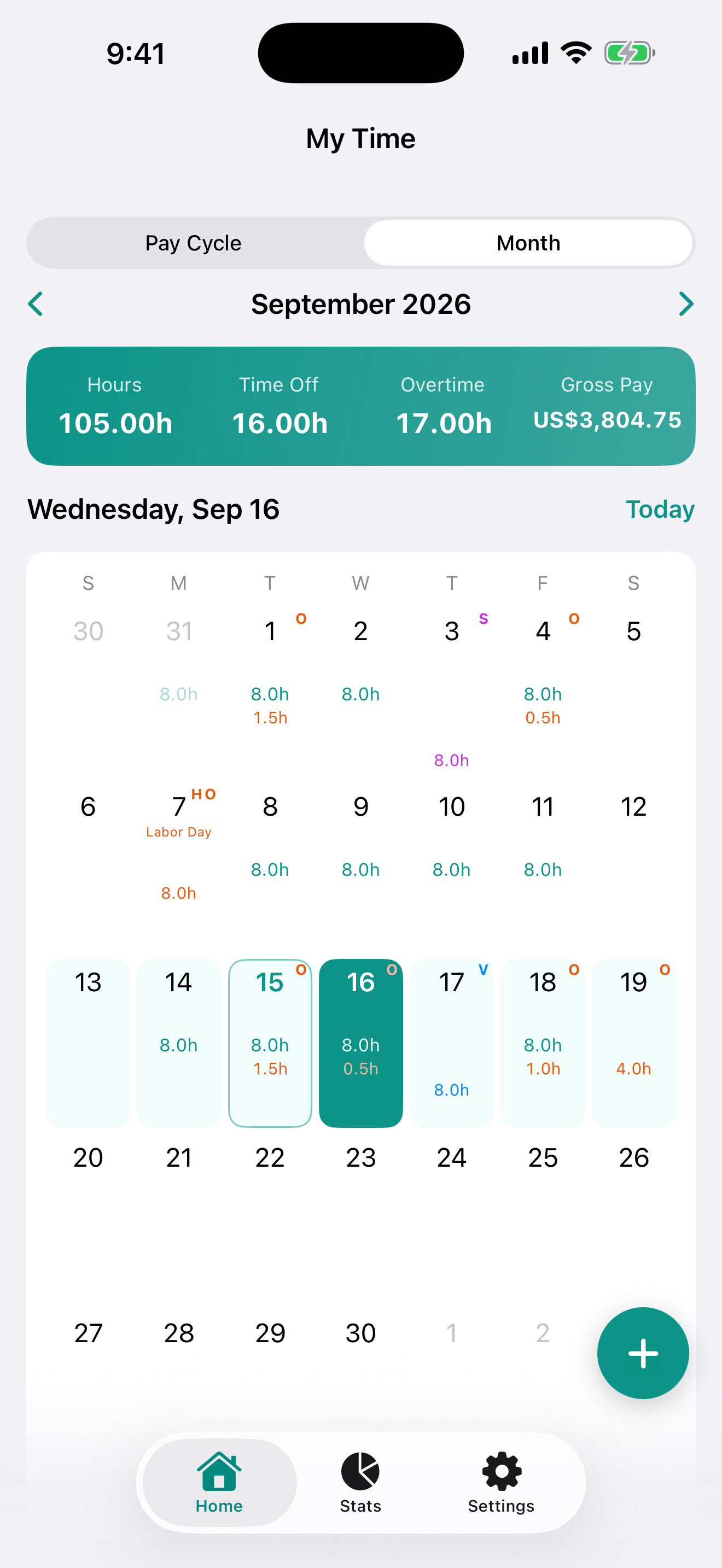 Month view showing the pay cycle highlighted against the full month, with a weekly overtime threshold row