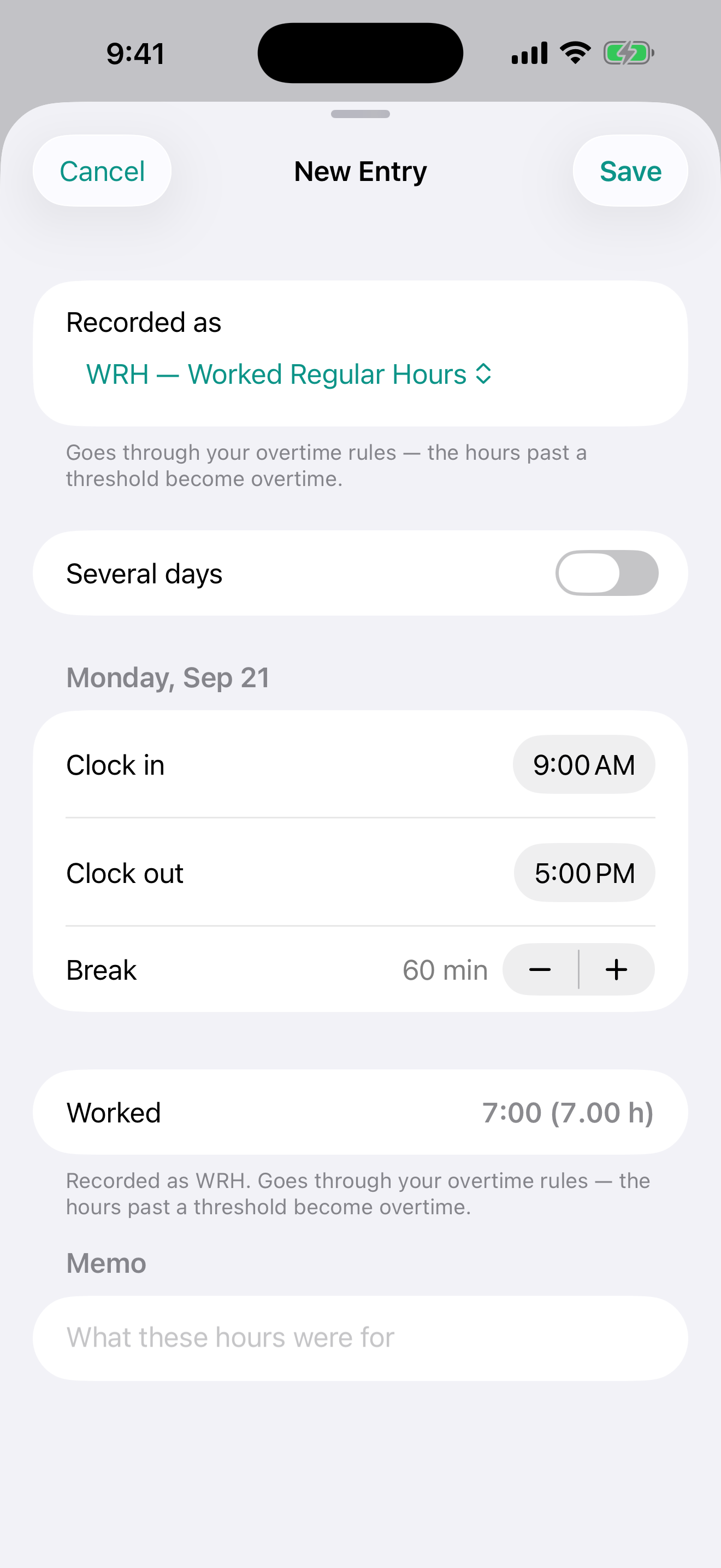 Adding a shift with clock in, clock out and break