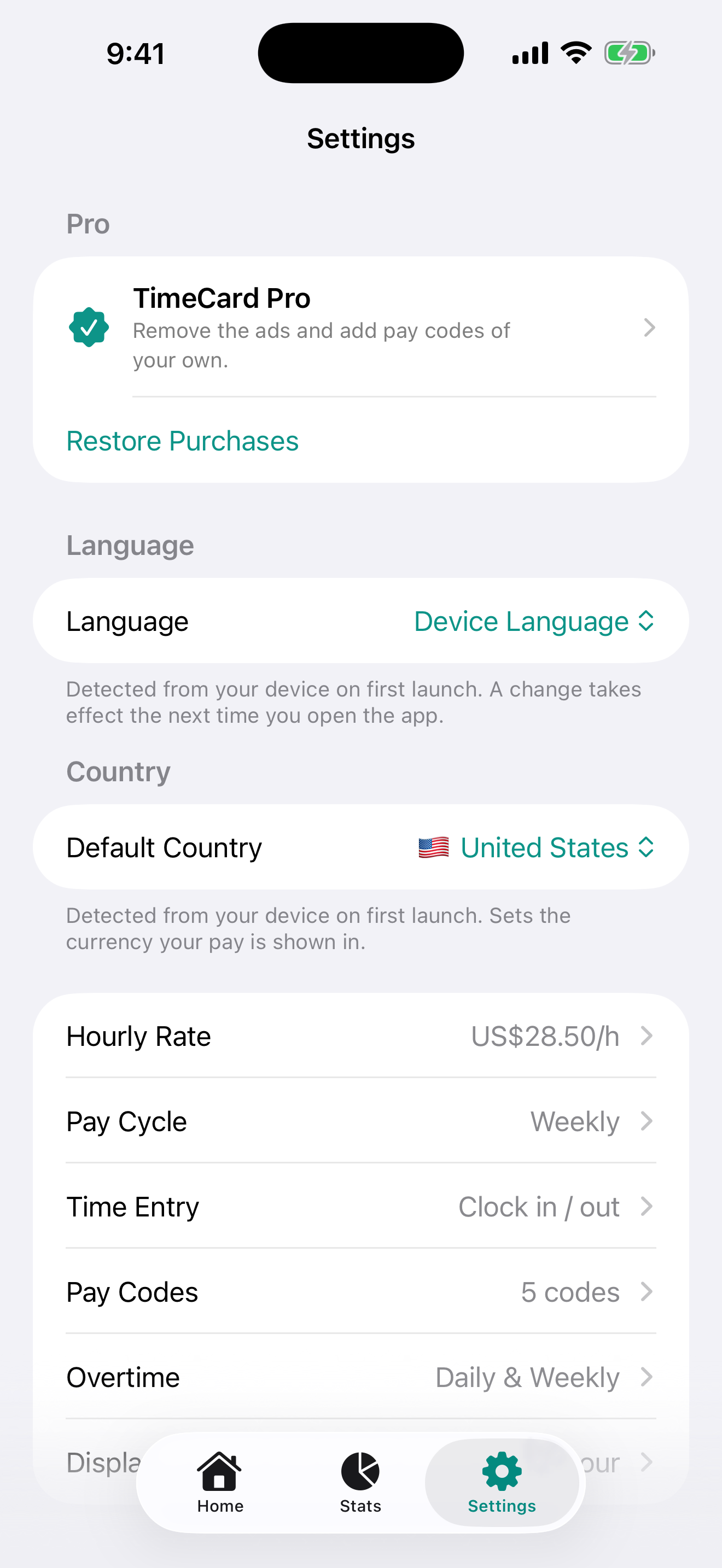 Settings screen with overtime mode, thresholds and rounding