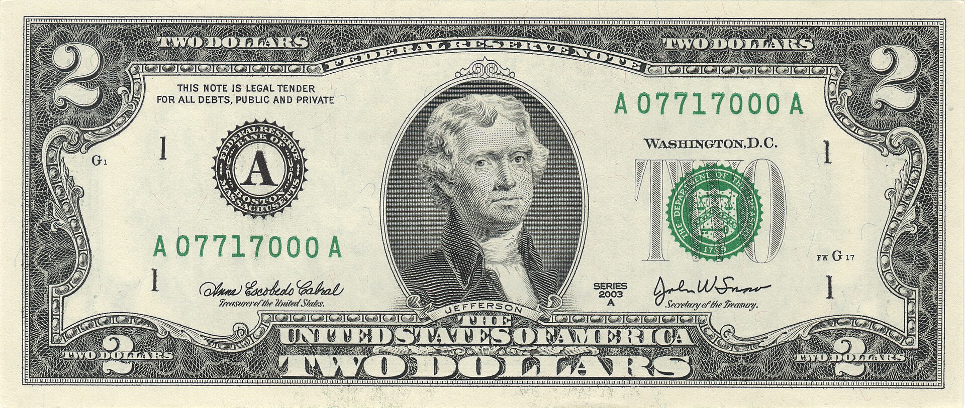 Two dollar bill obverse